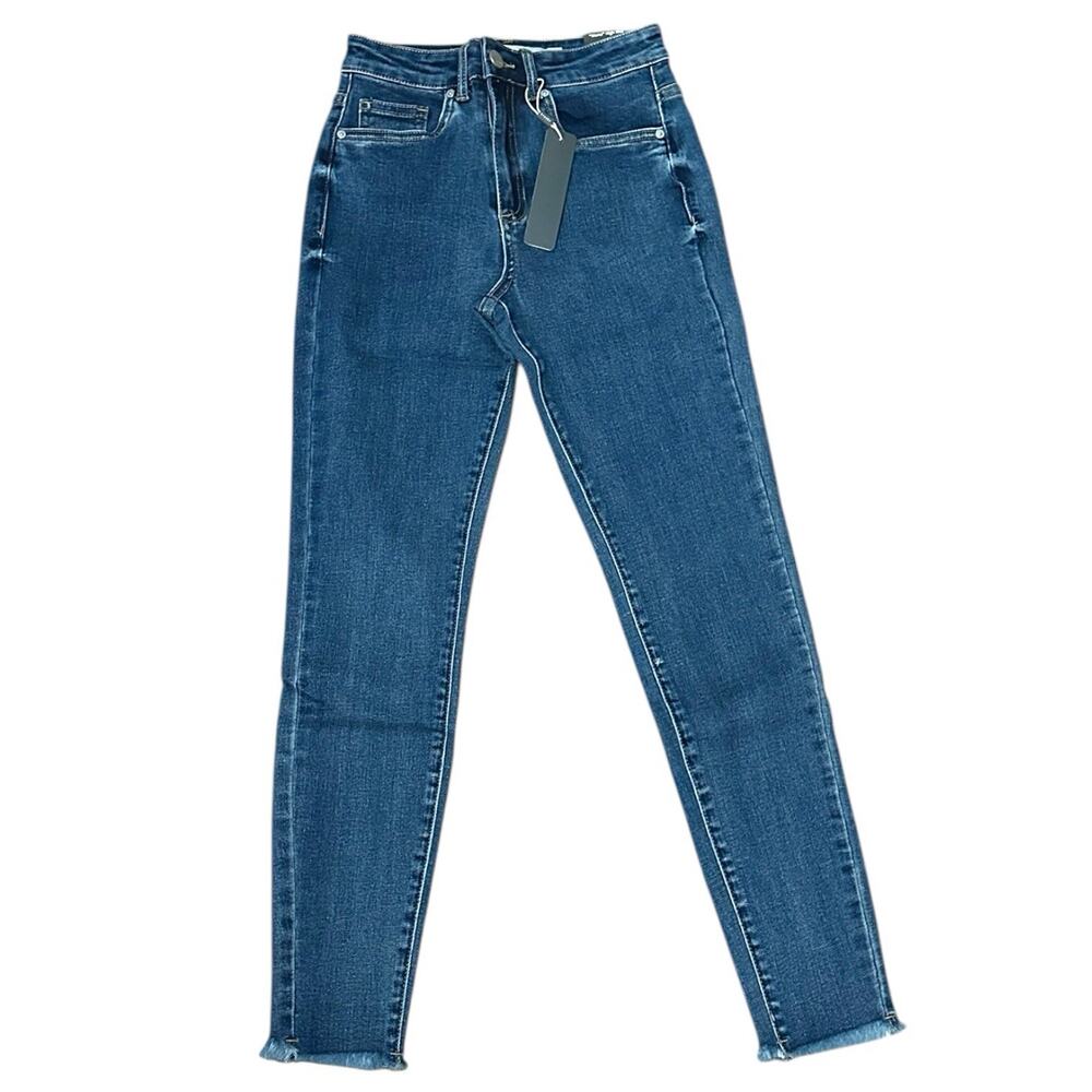 Tractr‎ Jeans Women's 0/25 Indigo Blue Mona High Rise Crop Slim Frayed Hem Denim